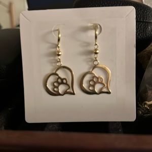 Real gold custom made heart with paw print earrings